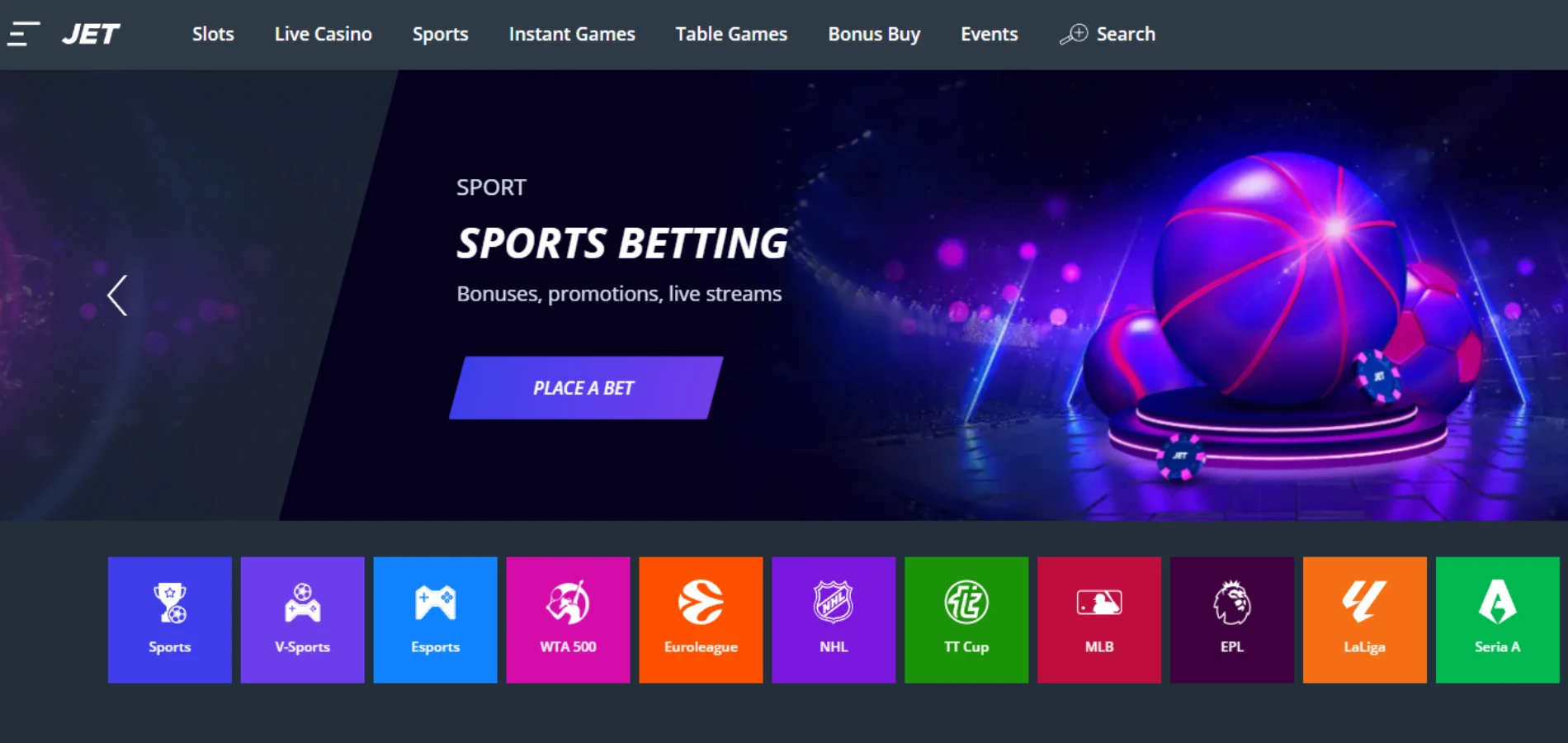 Oversikt over sportsbetting-seksjonen hos Jet Casino med odds og markeder