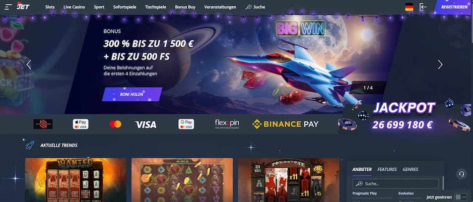 Jet Casino Startseite mit Willkommensbonus und Spielübersicht