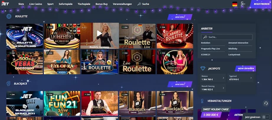 Jet Casino Live Casino Tische mit Roulette und Blackjack