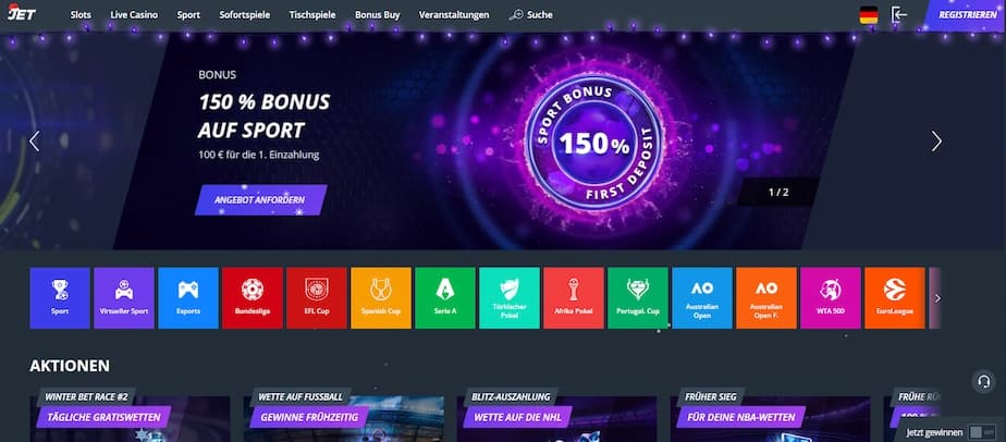 Jet Casino Sportwetten mit Live-Wetten und aktuellen Quoten