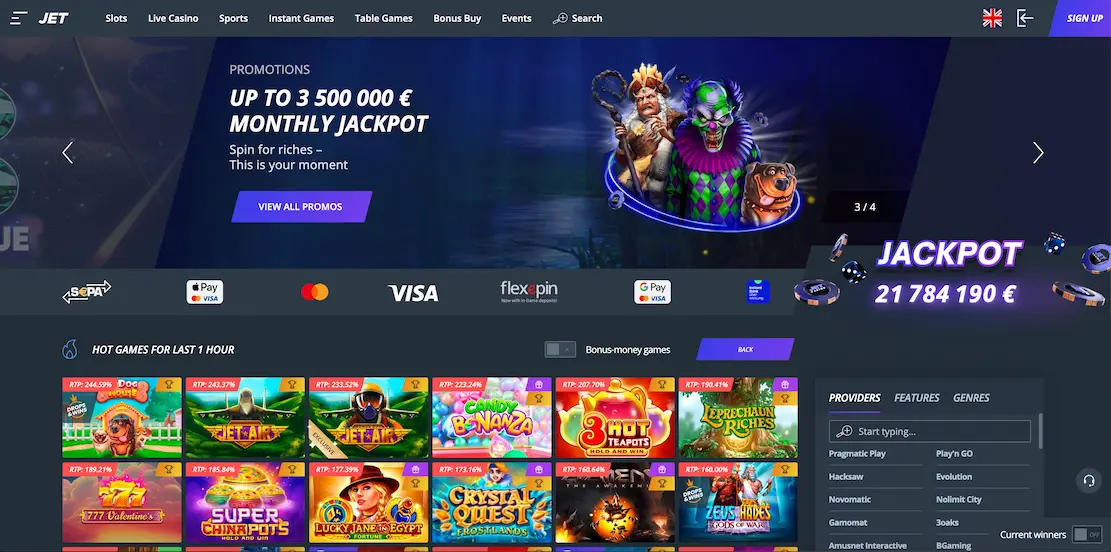Jet Casino official homepage showing game lobby and promotions