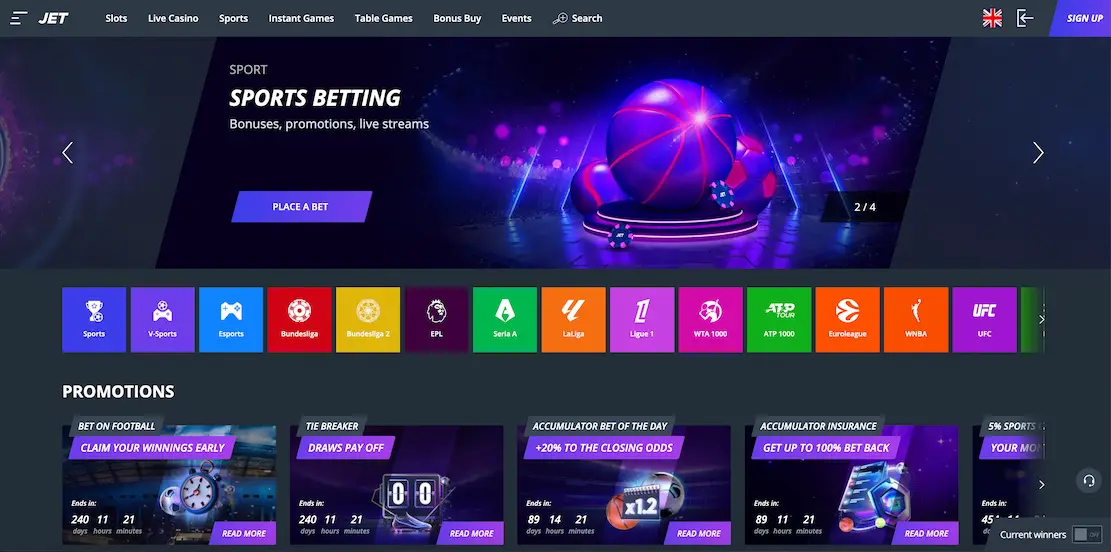 Jet Casino sportsbook betting interface and game lobby.