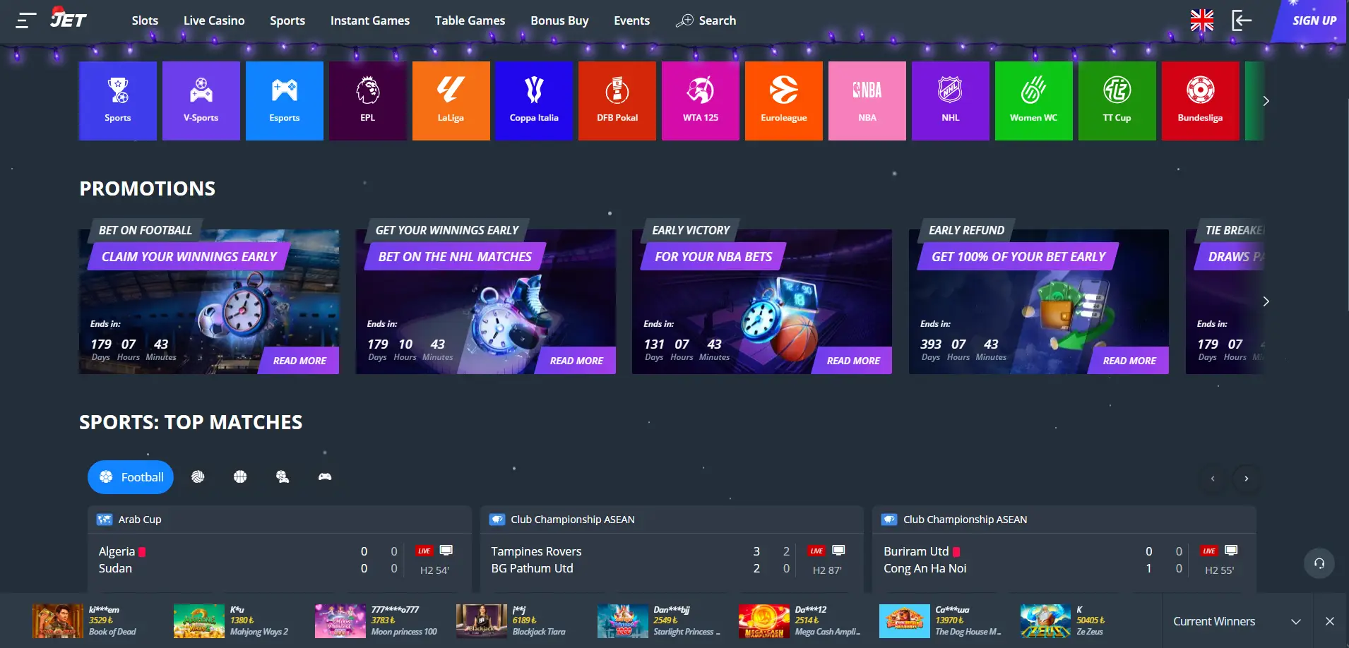 Jet Casinon urheiluvedonlyöntivaihtoehtojen näkymä