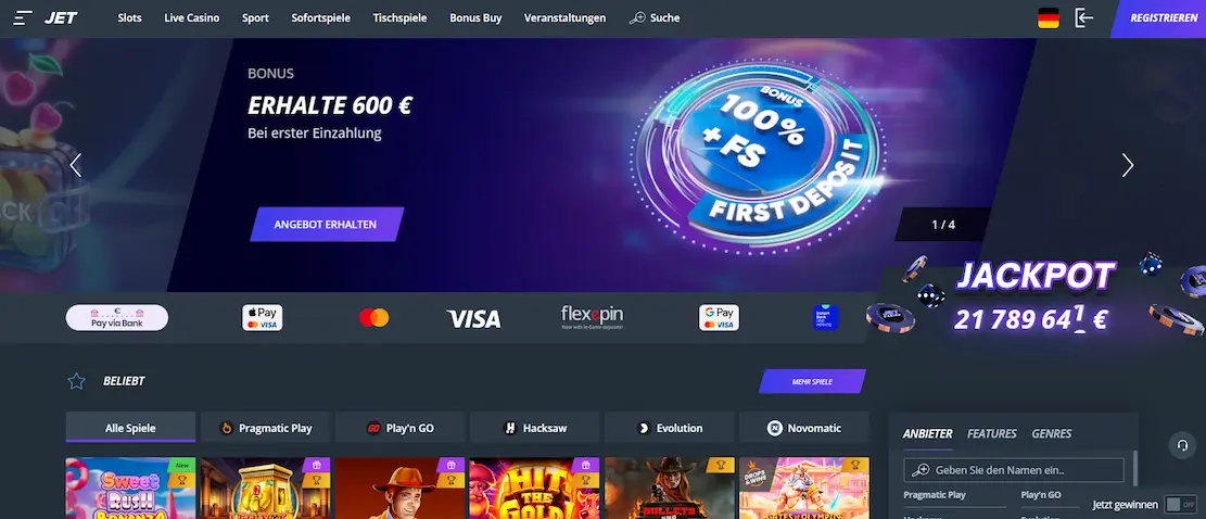 Jet Casino Startseite mit Willkommensbonus, Spielauswahl und verfügbaren Zahlungsmethoden
