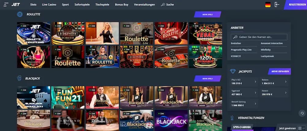 Jet Casino Spielangebot mit Roulette und Blackjack