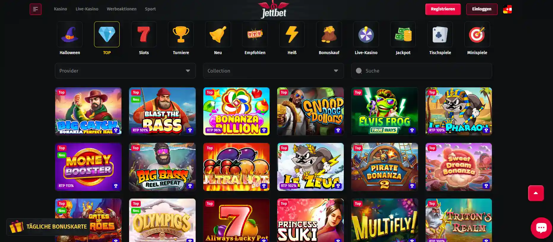 Jettbet Casino Spielübersicht mit Slots, Tischspielen und Live Casino