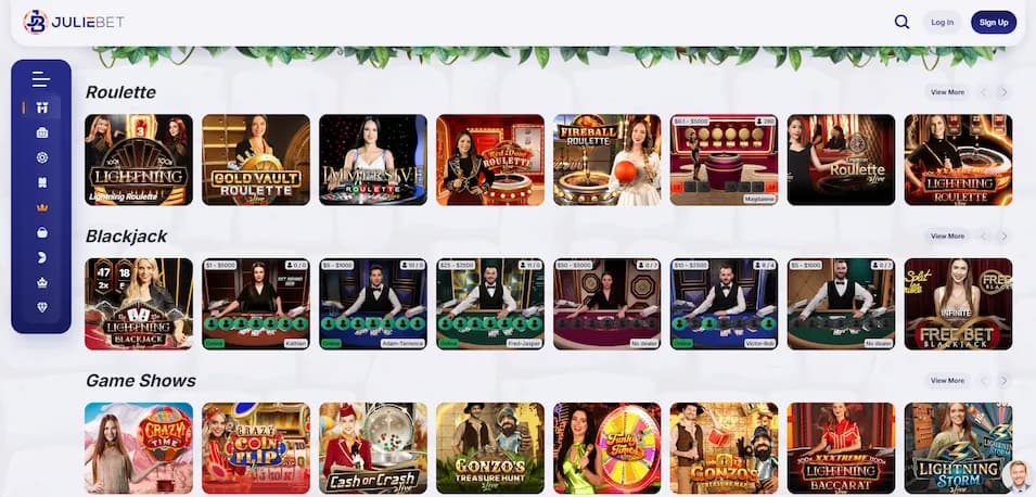 Juliebet Casino live games lobby showing multiple game categories