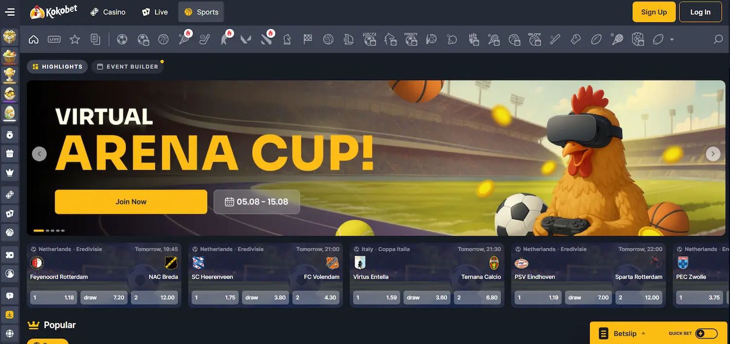 Koko.bet sportsbook interface showing navigation menu, sign up and log in buttons, selected sports events, and a banner featuring the casino's rooster mascot wearing a VR headset with Virtual Arena Cup text