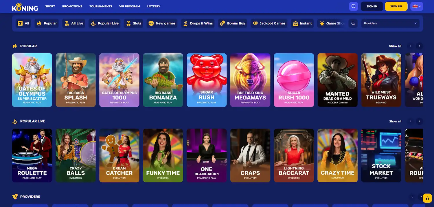 Koning.bet Casino homepage displaying featured slot games and promotions