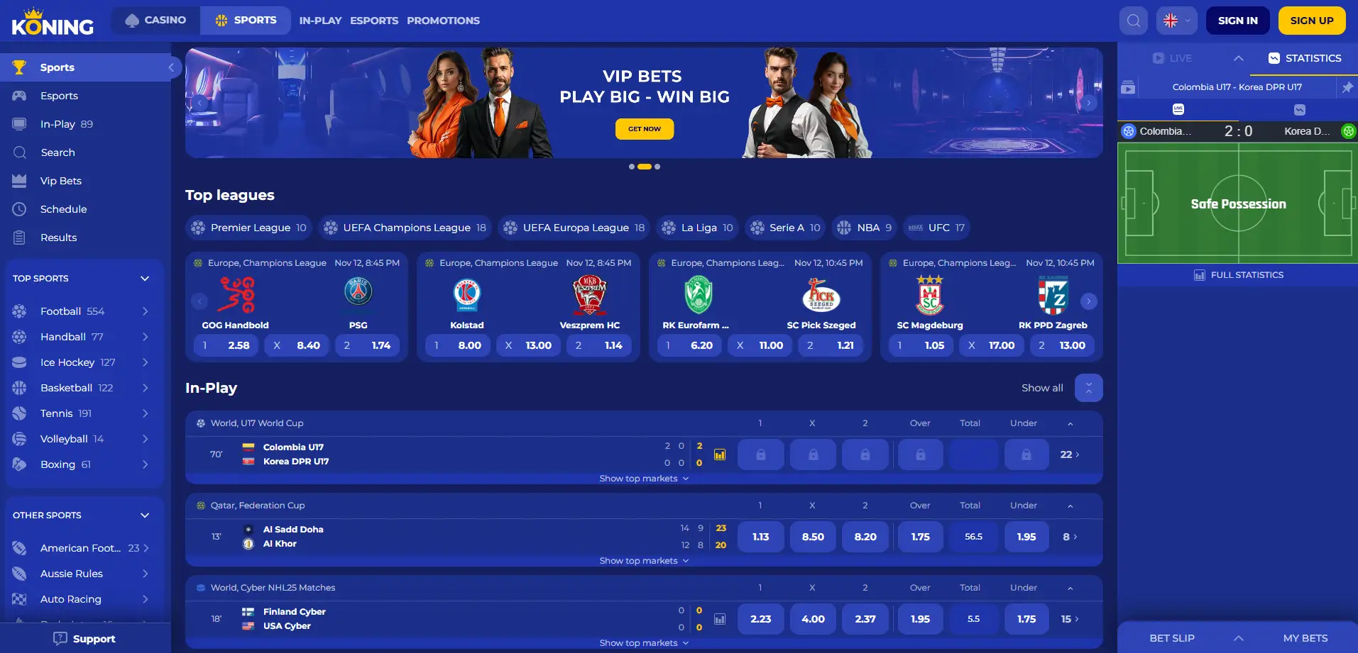 Koning.bet sportsbook interface showing live betting markets and active odds