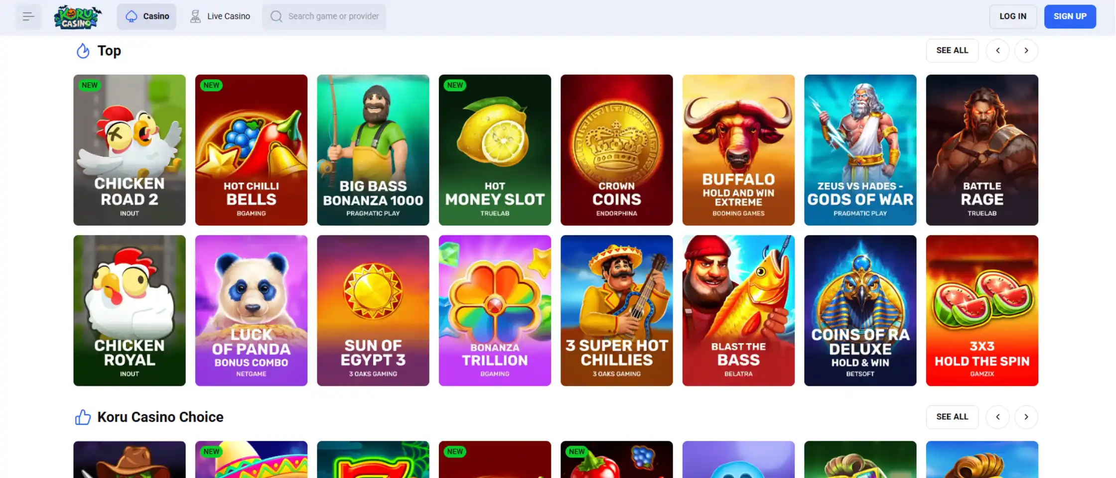 Koru Casino game lobby showing available titles and categories
