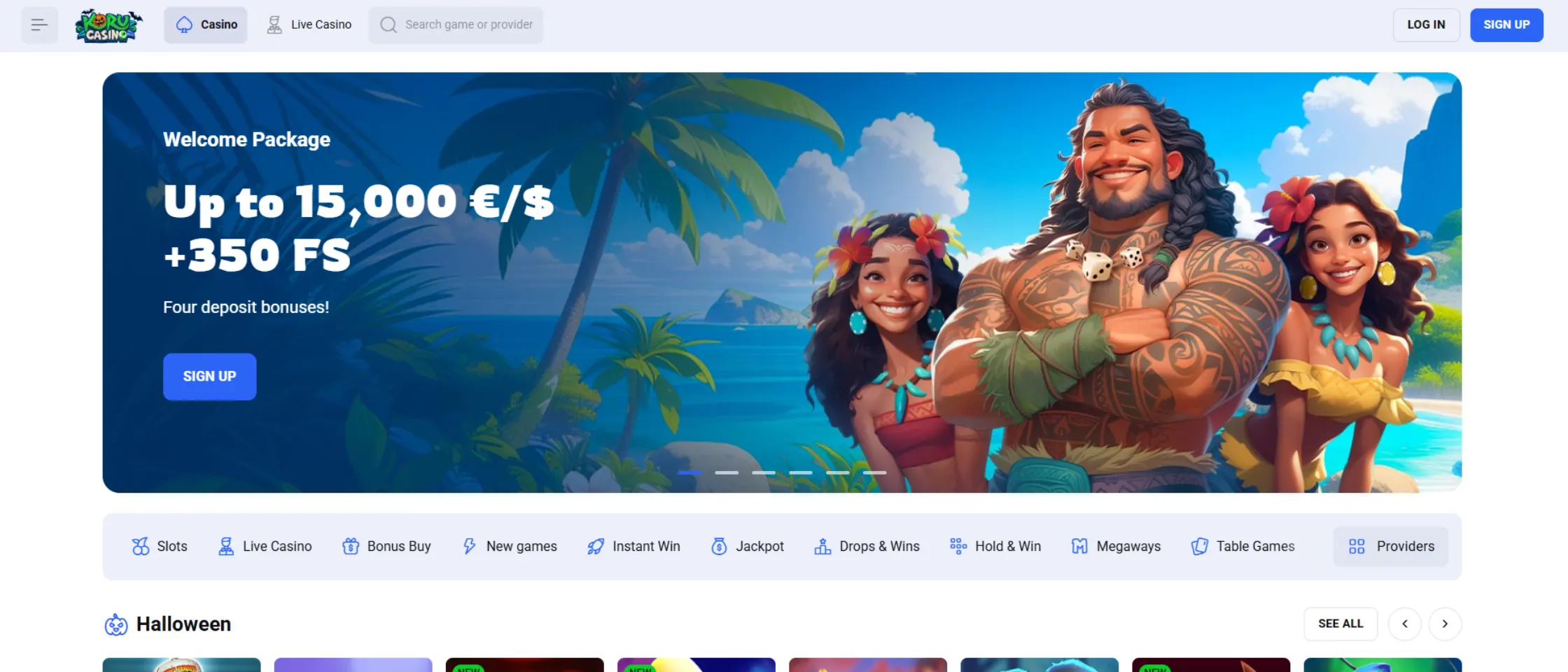 Koru Casino official homepage featuring promotions and game lobby