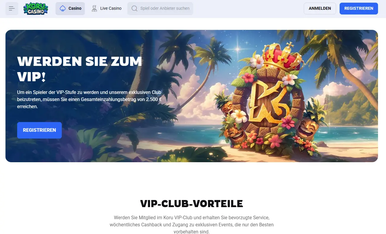 Koru Casino Webseite mit den Vorteilen des VIP-Clubs