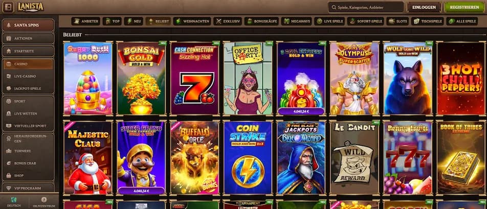 Lanista Casino Spielauswahl mit beliebten Slots und Casino-Klassikern.