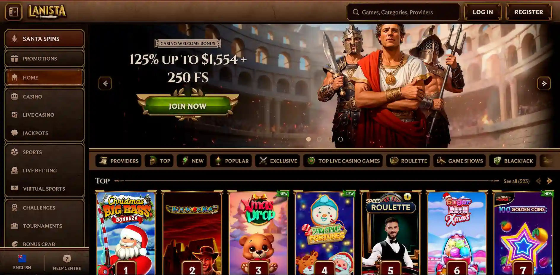 Lanista Casino NZ homepage showing the main lobby and navigation