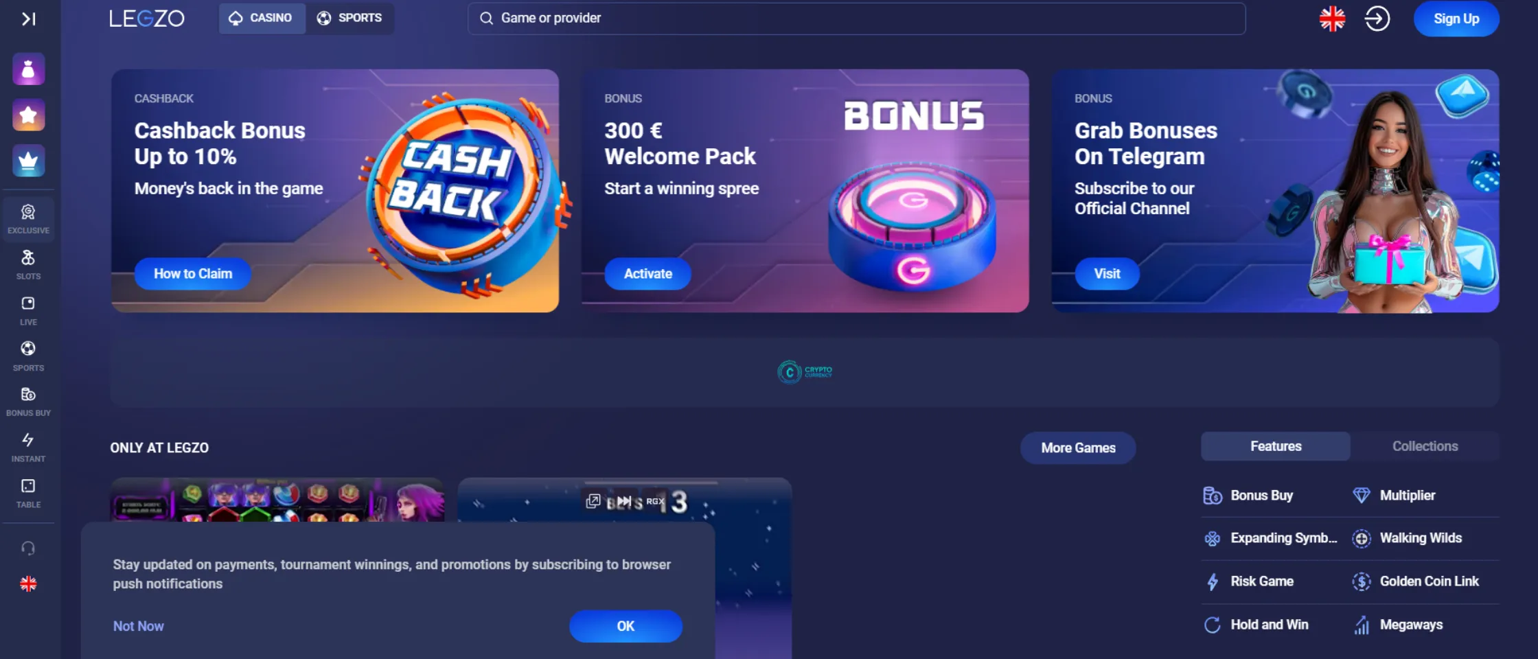 Legzo Casino official homepage interface