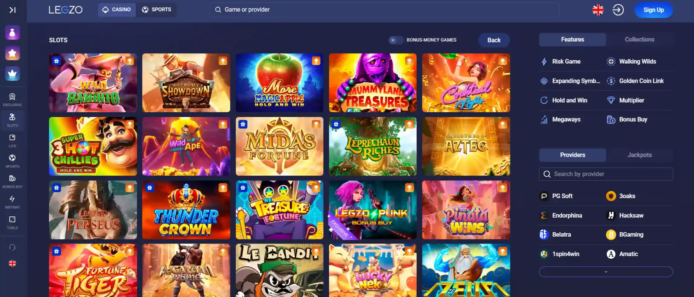 Legzo Casino game lobby showing diverse slot and table game selection