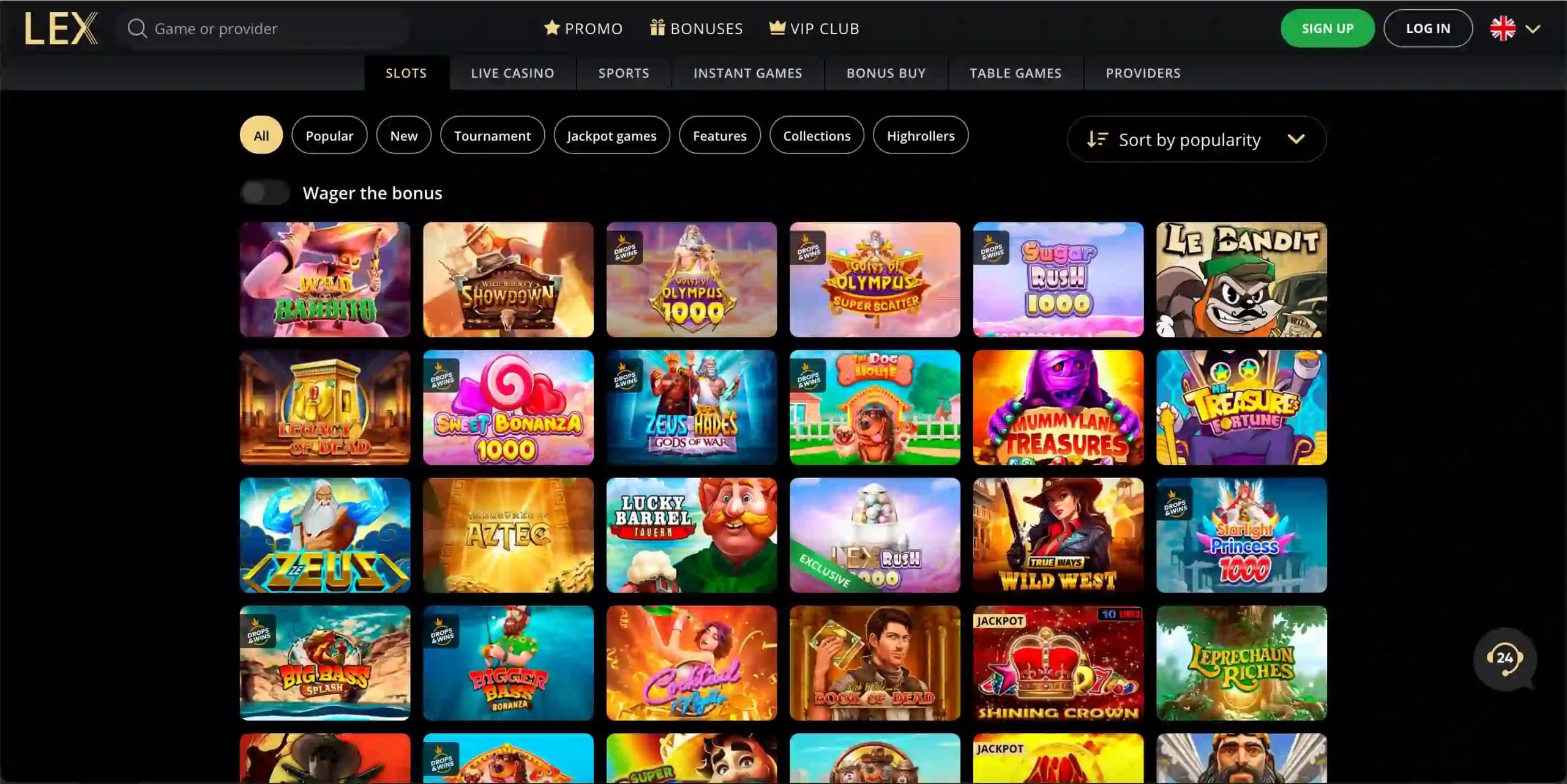Lex Casino game lobby showing a wide selection of titles.