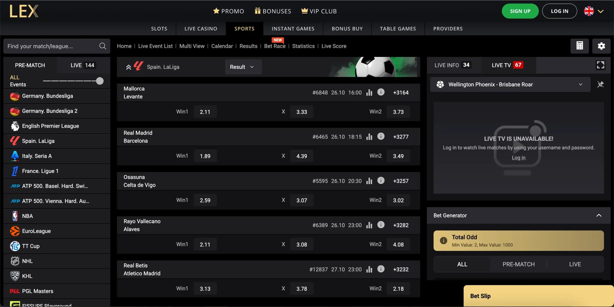 Lex Casino sportsbook betting interface.
