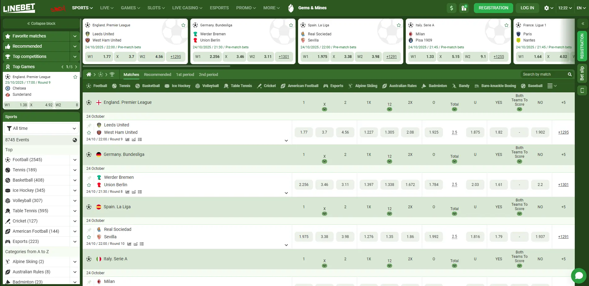 Linebet Casino sports betting page showing available markets and odds