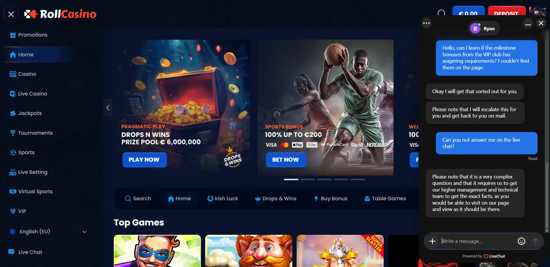 RollCasino live chat support conversation showing agent response