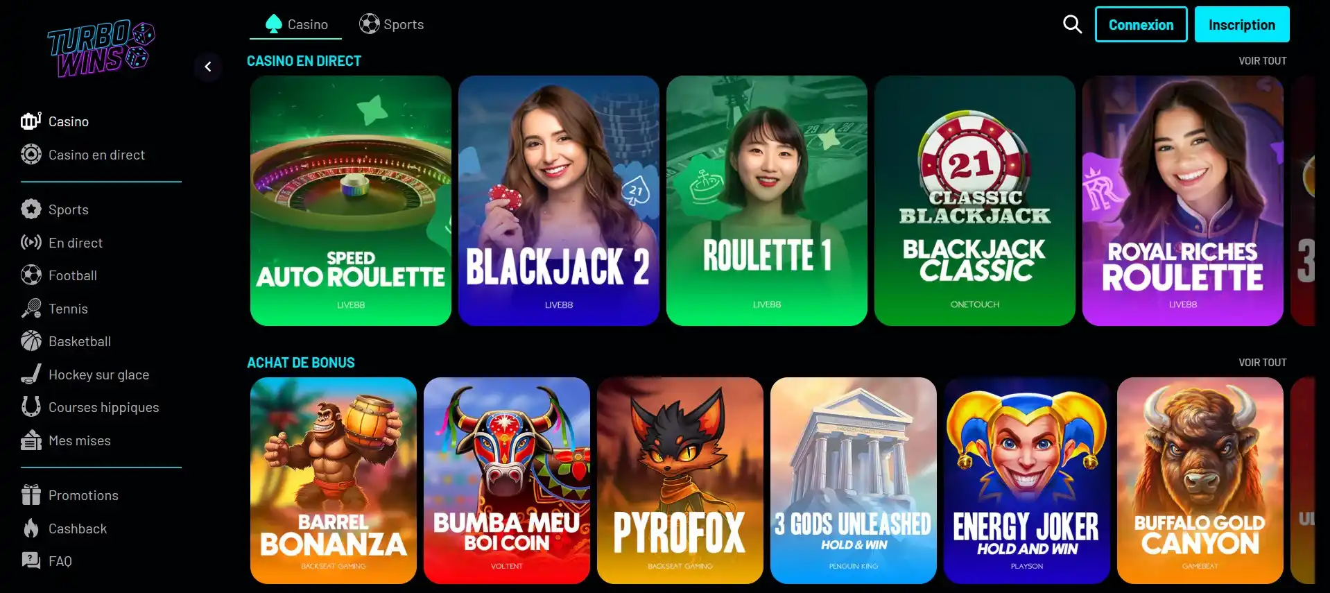 Section casino en direct de Turbo Wins avec tables de jeux en temps réel