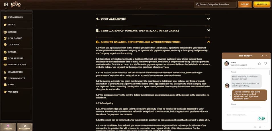 Lizaro Casino live chat support interface showing a customer service interaction