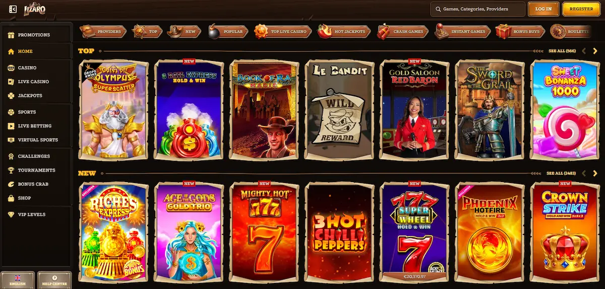 Lizaro Casino homepage displaying featured slot games and promotions