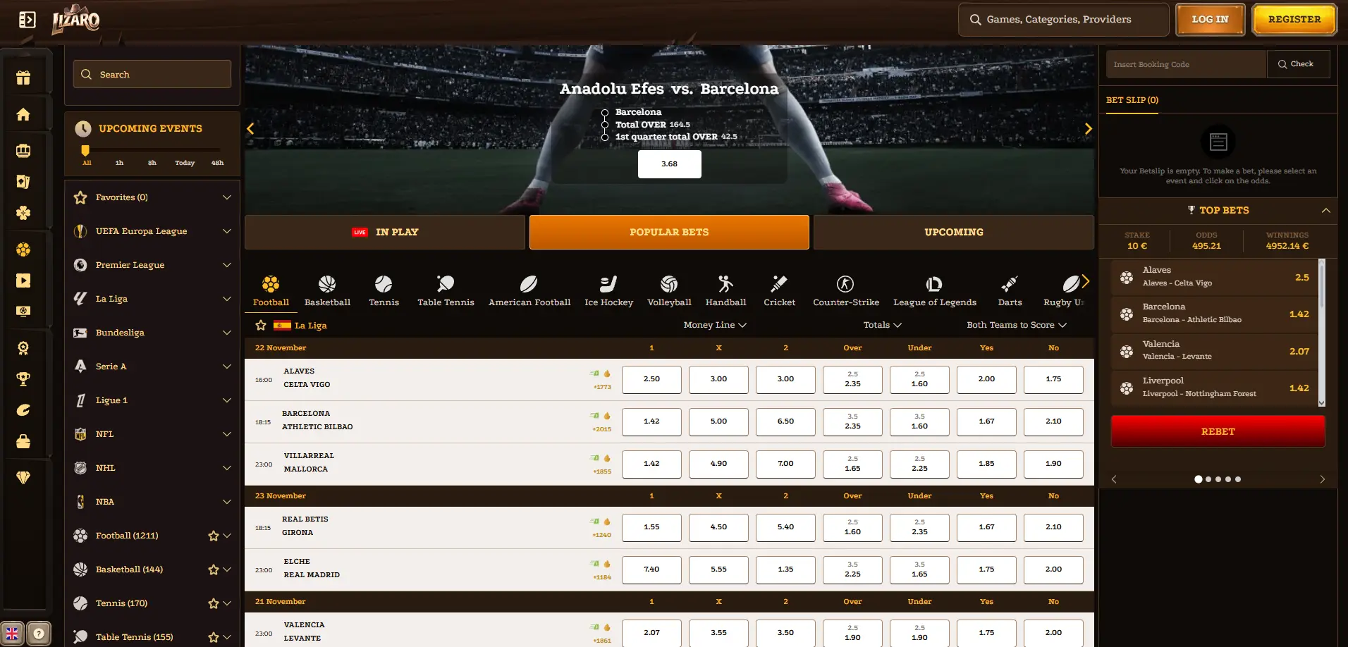 Lizaro Casino sportsbook interface showing live betting markets and odds