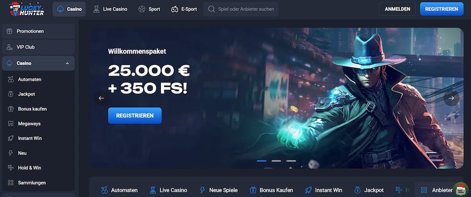 Lucky Hunter Casino Startseite mit dem Willkommenspaket im Überblick
