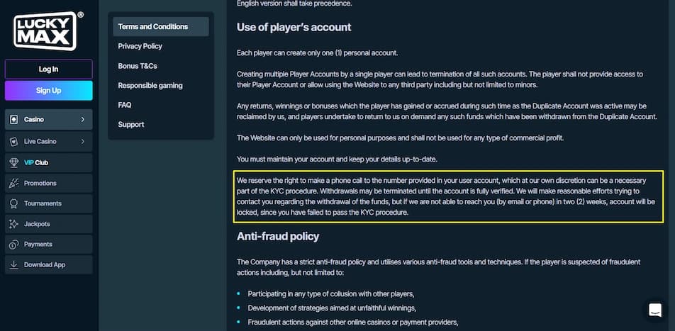 Lucky Max Casino terms and conditions page showing player account rules and wagering requirements