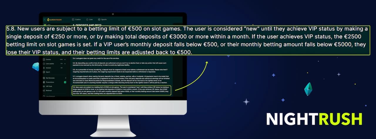 LuckyGem Terms and Conditions page on a monitor with section 5.8 highlighted in a callout box