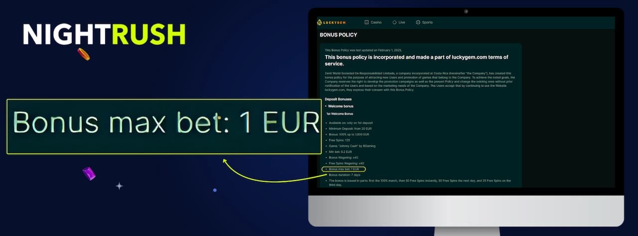 LuckyGem Casino bonus terms page displayed on a monitor, with a callout box highlighting the maximum bet rule