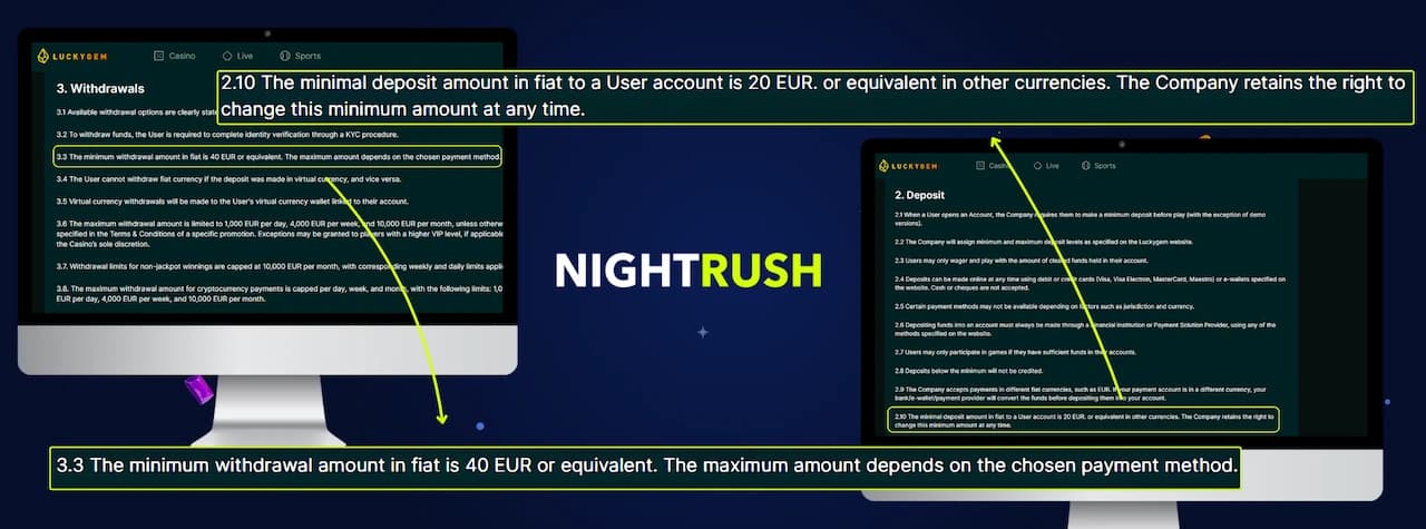 LuckyGem payment policy page shown on monitors with callout boxes highlighting terms 2.10 and 3.3
