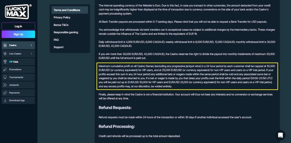 Lucky Max Casino VIP program terms and conditions overview
