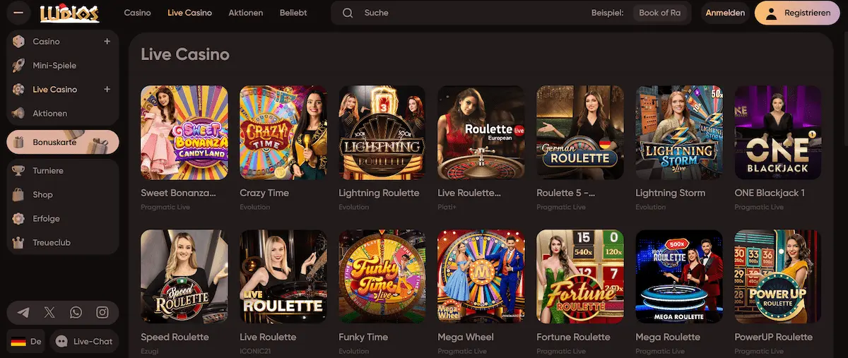Ludios Casino Live Casino Bereich mit echten Dealern