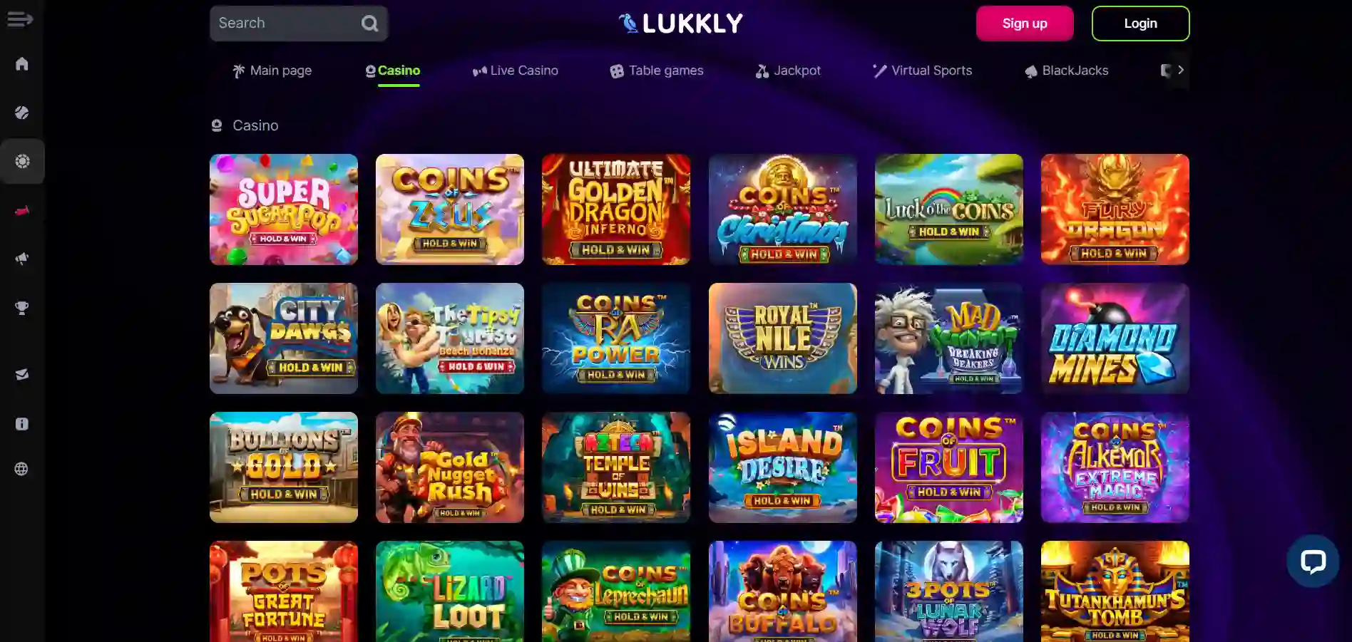 Lukkly Casino game library showing filtering options and menu navigation against a dark background