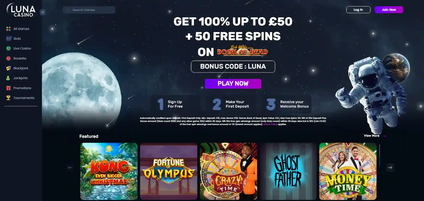 Luna Casino homepage featuring a space-themed design, game highlights, a promotional banner, and navigation menu on a blue background.