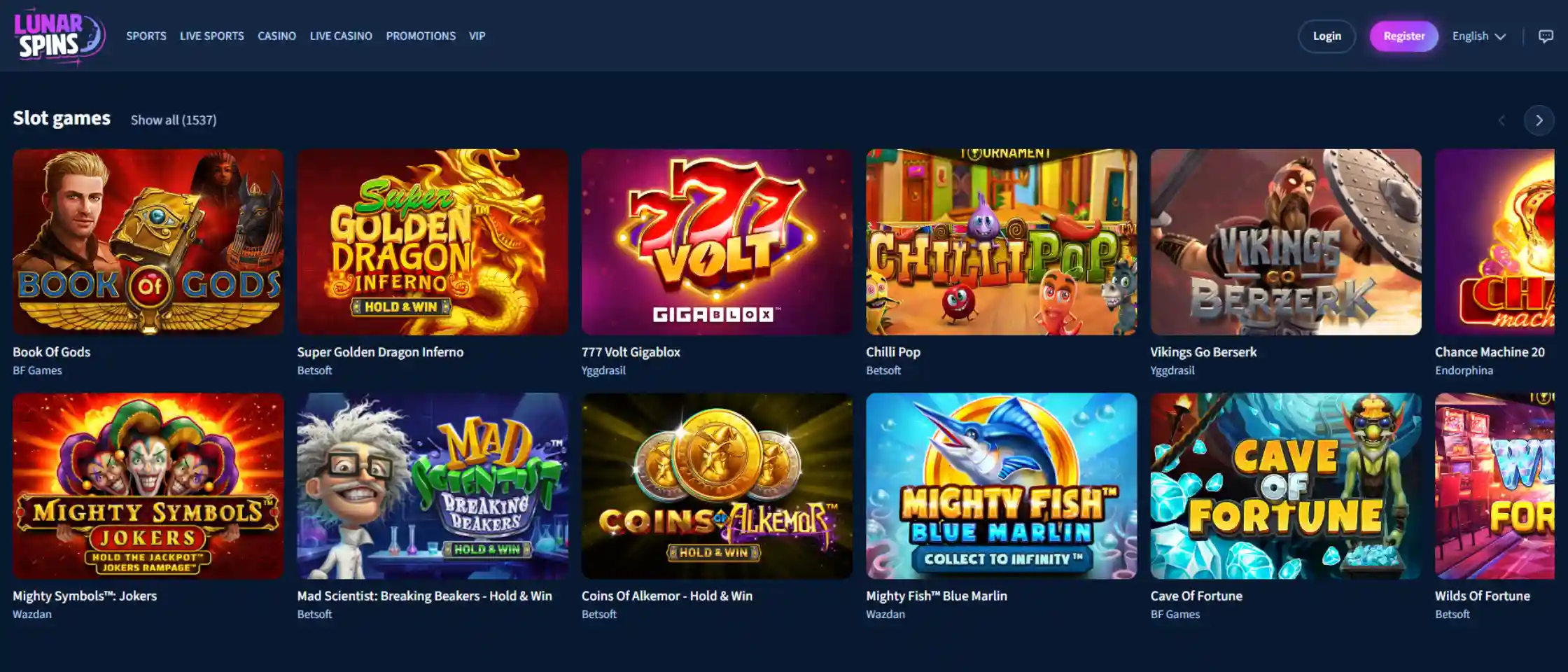 Lunarspins casino and sports betting game lobby overview