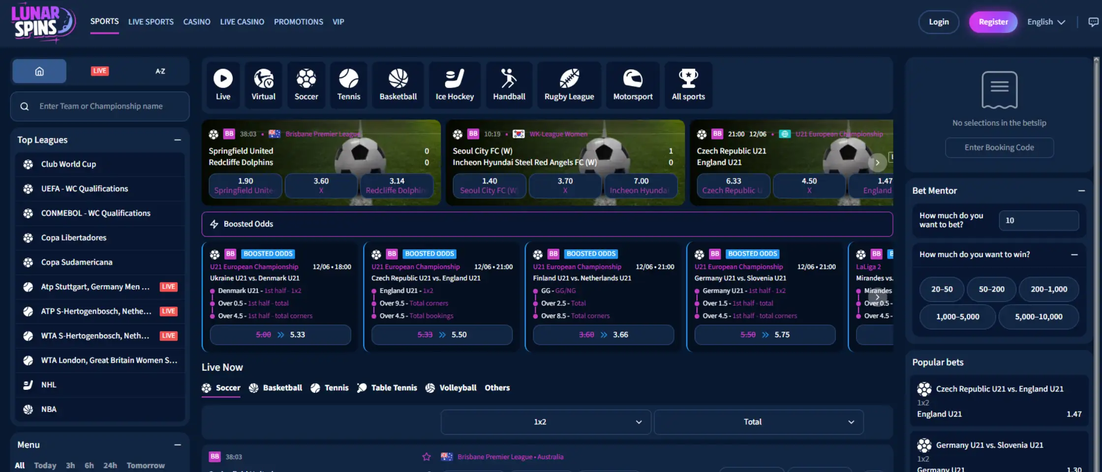 Lunarspins sportsbook interface showing betting markets and odds