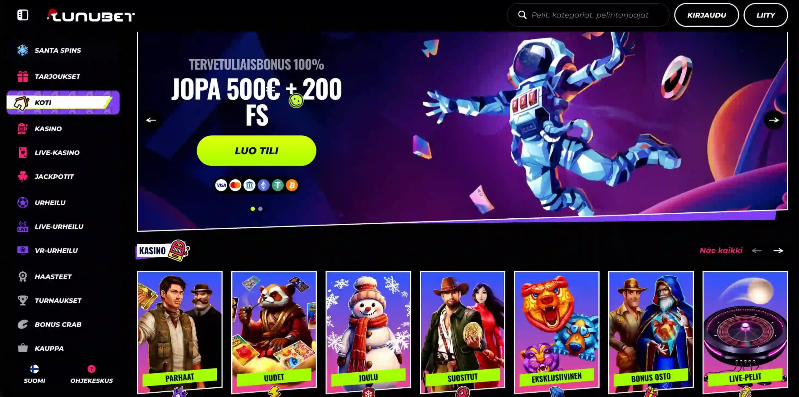 LunuBet Casino etusivu ja pelitarjonta suomalaisille pelaajille