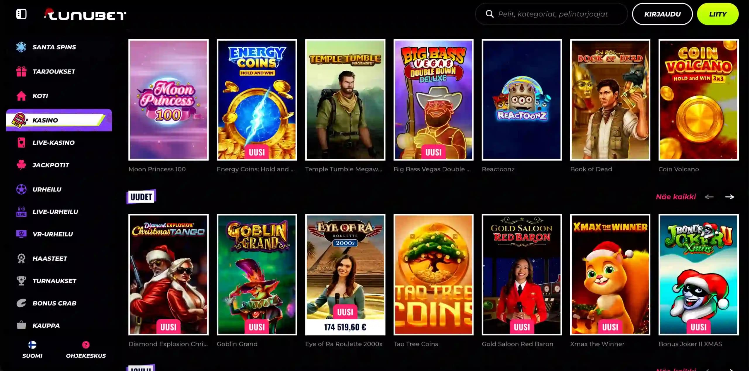 LunuBet-kasinon laaja pelivalikoima mobiilissa ja selaimessa.