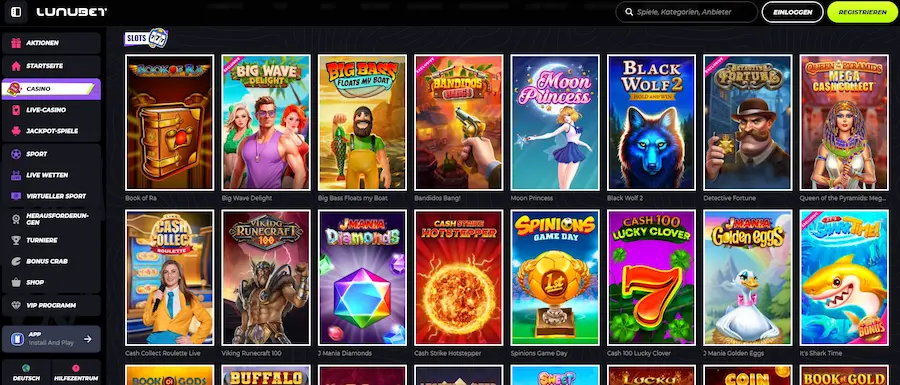 LunuBet Spielautomaten Übersicht mit verschiedenen Slot-Kategorien
