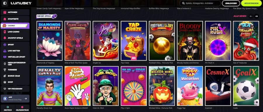 LunuBet Spezielle Spiele Seite mit Sofortspielen und Bingo-Titeln