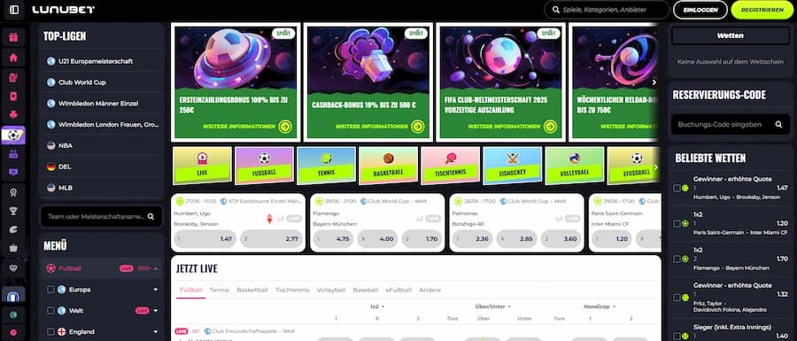 Die Sportwetten-Seite von LunuBet im Überblick.