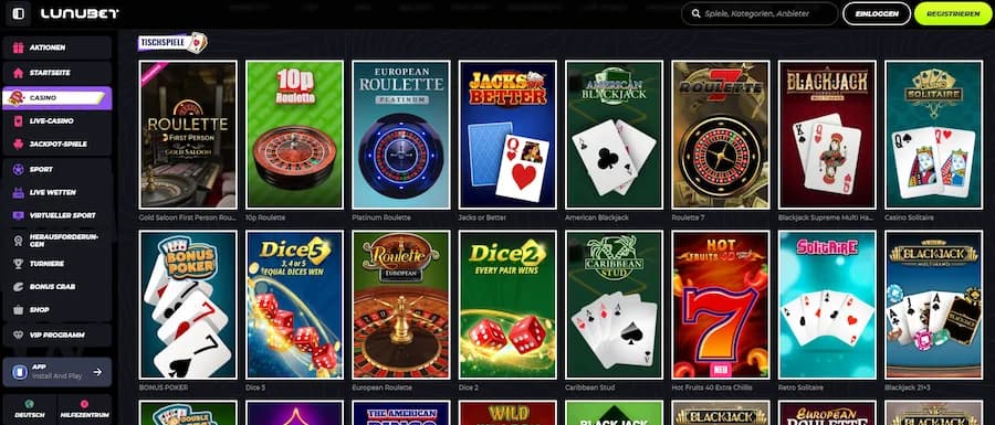 LunuBet Tischspiele Auswahl mit Roulette und Blackjack Varianten