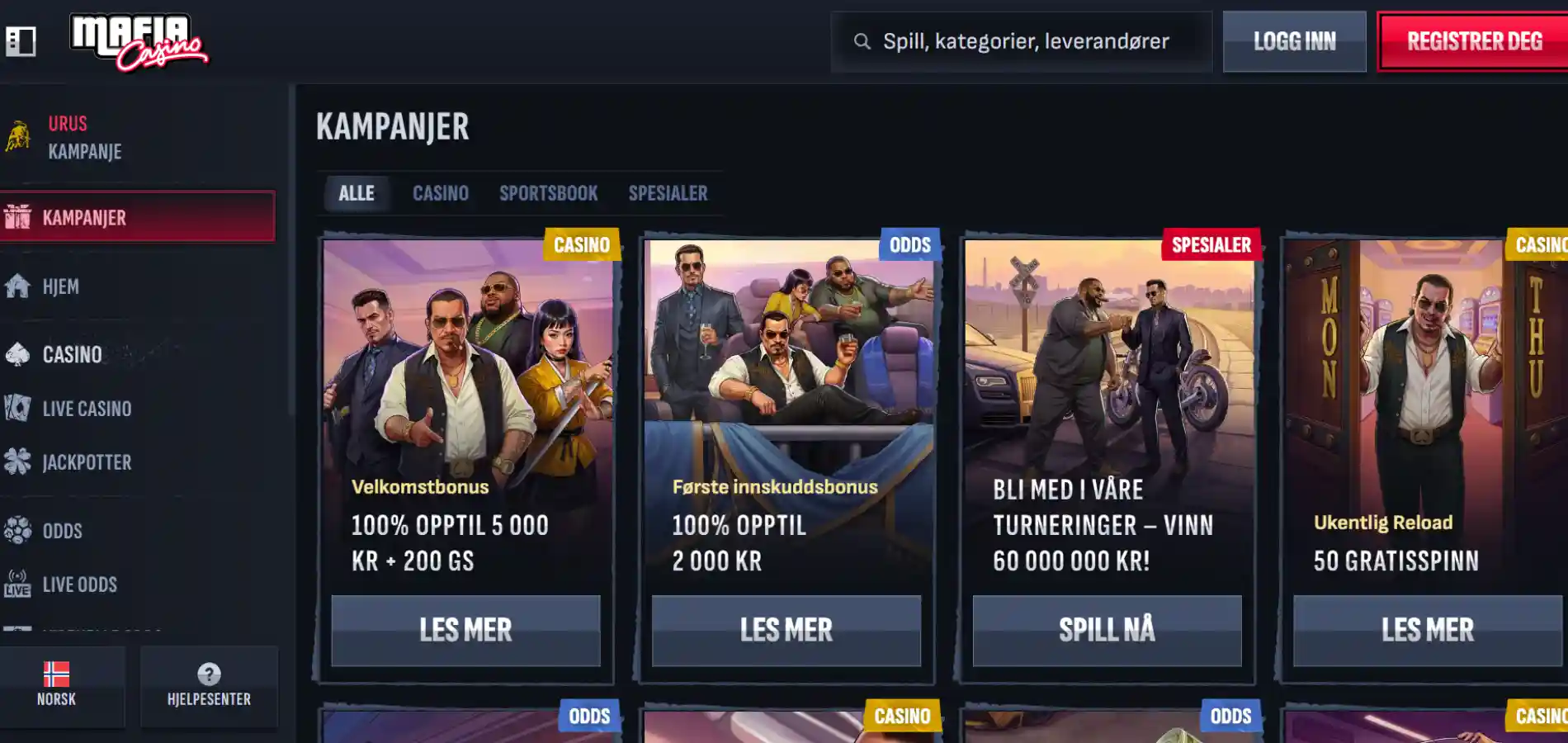 Oversikt over bonustilbud hos Mafia Casino, inkludert velkomstbonusen og løpende kampanjer