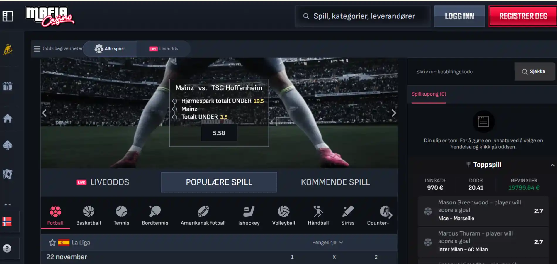 Sportsbettingsiden til Mafia Casino med oversikt over tilgjengelige markeder og idretter