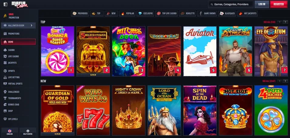 Mafia Casino website homepage displaying featured slot games and promotions
