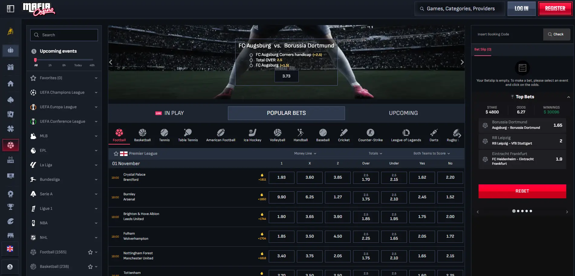 Mafia Casino sportsbook with live betting markets and match tracker